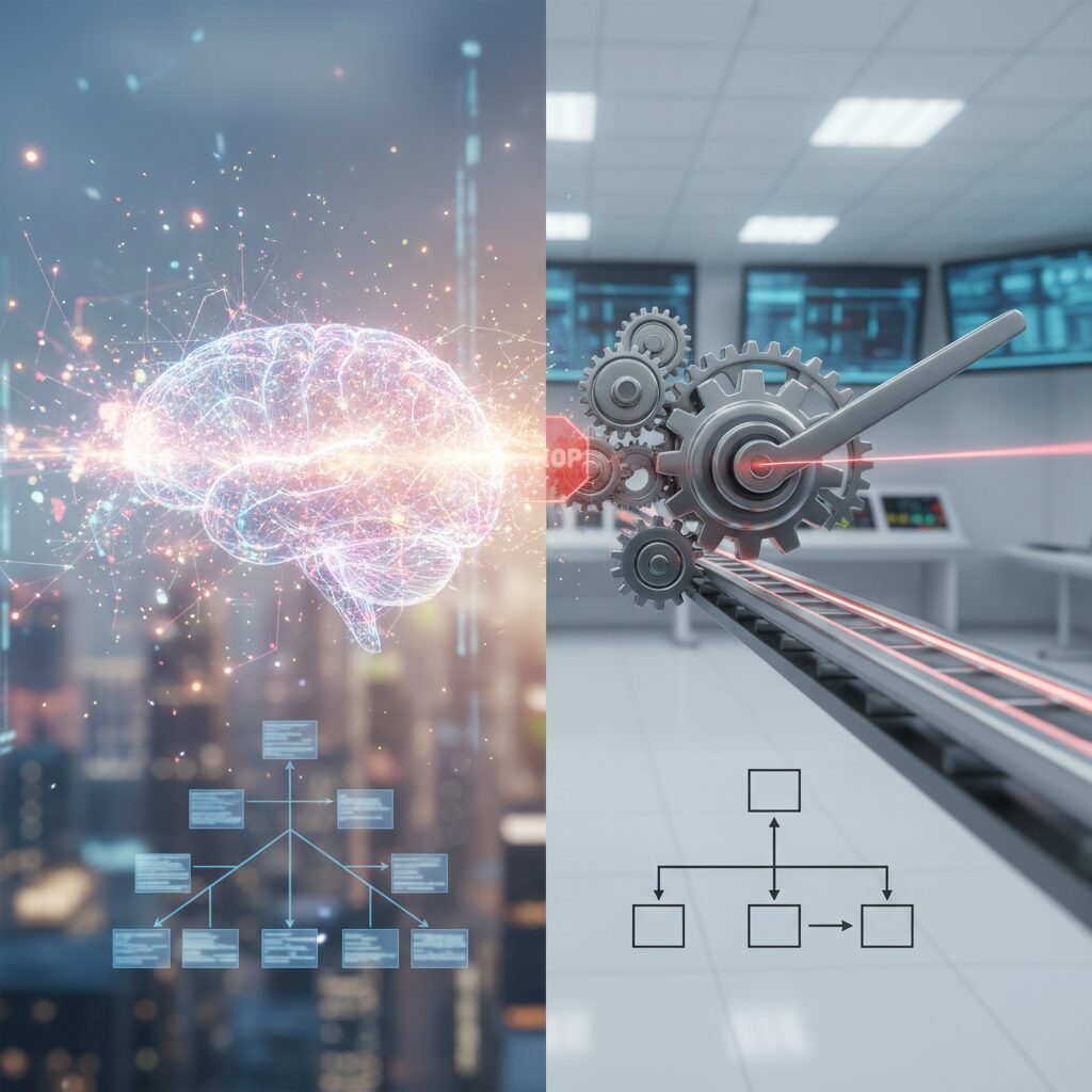 確率的に振る舞うLLMと決定論的システムの根本的な違い のイメージ