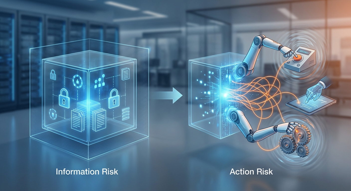 なぜ生成AIポリシーでは不十分なのか：リスクの重心が「情報」から「行動」へ のイメージ
